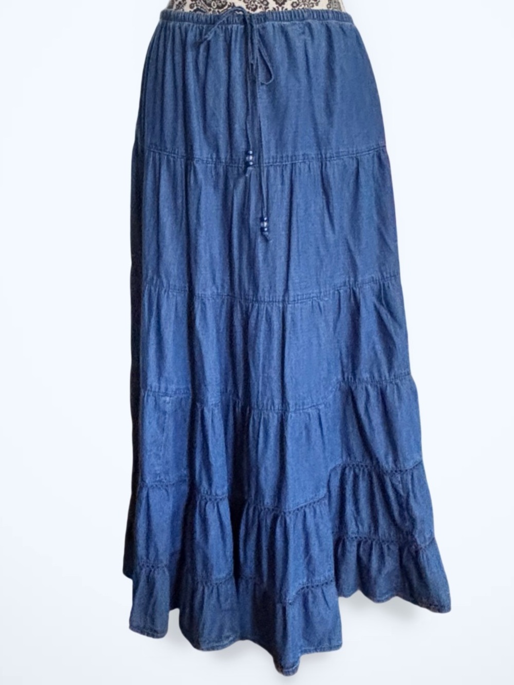 VTG White Stag Chambray Denim Tiered Maxi Skirt L Pull On Prairie Cottagecore